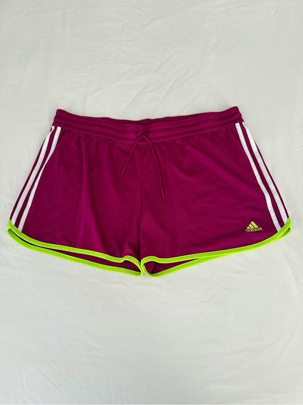 adidas Women’s Running Shorts Magenta Neon Lime 3 Stripe Athletic Size L